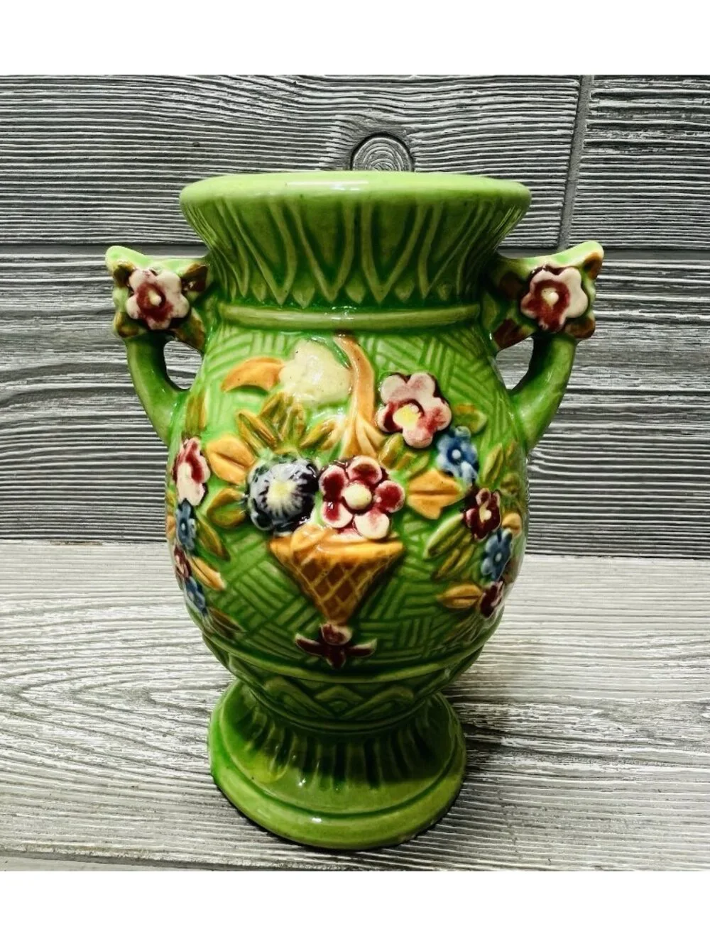 Vintage Japan Hand Painted Green Floral Double Handle Urn Vase 5.5” READ